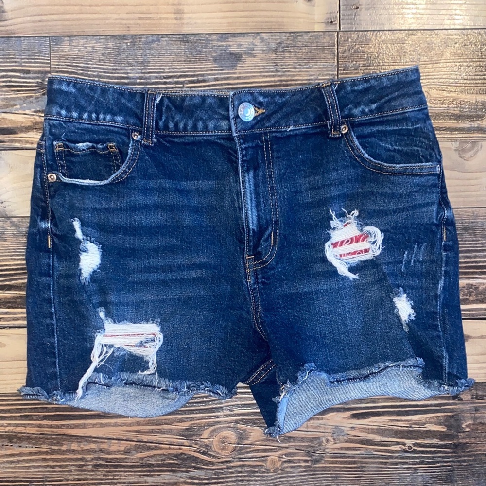 Maurices Dark Blue Distressed Jean Shorts with bandanna pattern